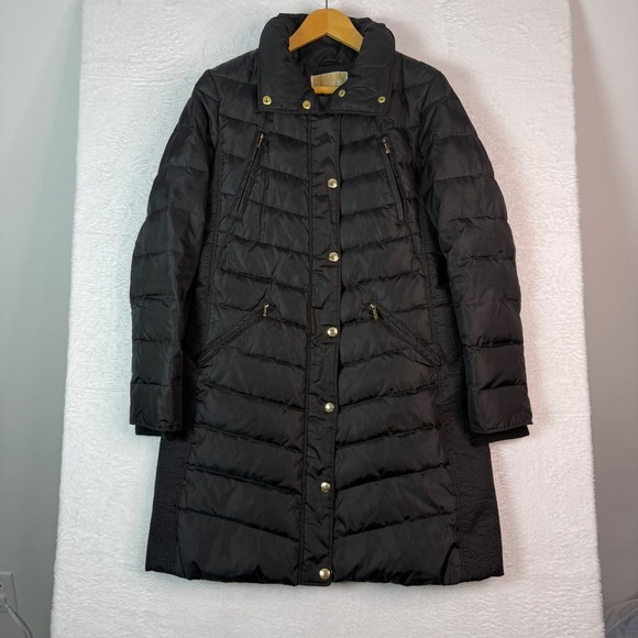 MICHAEL KORS Black Puffer Down Fill Coat Jacket Women's Gold Zipper Size M NWOT - Picture 1 of 16